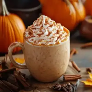 Cup of cappuccino and pumpkins