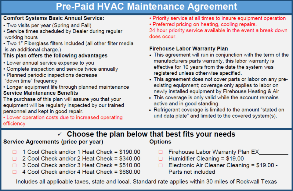 Our pre-paid HVAC preventative maintenance agreement