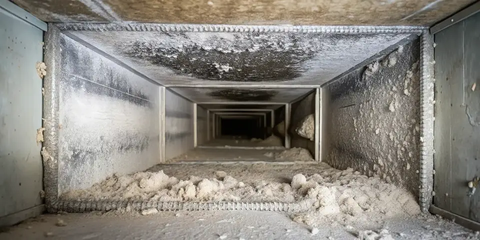 The inside of a very dirty air duct which needs to be cleaned by Firehouse Heating & Air.